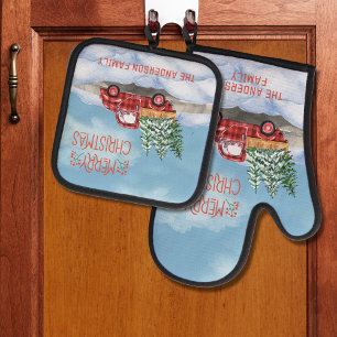 Ensemble De Gant De Cuisine Et De Manique Aquarelle Plaid Camion Rouge Neige Joyeux Noël