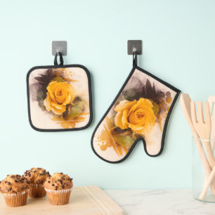 Ensemble De Gant De Cuisine Et De Manique Aquarelle Rose Jaune Unique