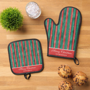 Ensemble De Gant De Cuisine Et De Manique Aquarelle Rouge et Vert Grandes Chirstmas Personna