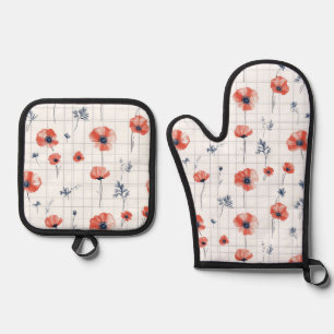 Ensemble De Gant De Cuisine Et De Manique Aquarelle rouge Motif sur blanc