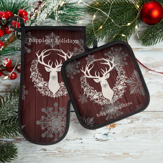 Ensemble De Gant De Cuisine Et De Manique Aquarelle rustique renne blanc | Red (Red Rustic Watercolor White Reindeer Oven Mitt Potholder Set)