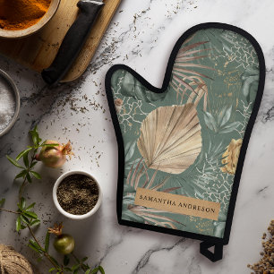 Ensemble De Gant De Cuisine Et De Manique Aquarelle Tropicale Gold & Green Feuille Motif