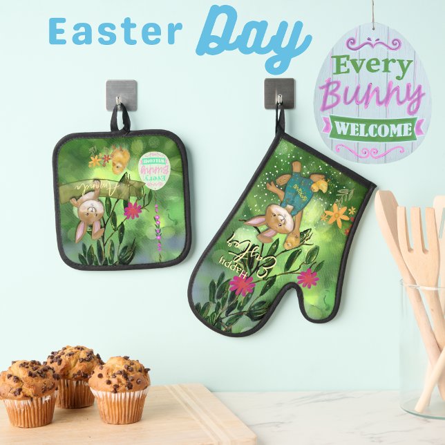 Ensemble De Gant De Cuisine Et De Manique Aquarelle Whimsical Bunny (Whimsical Watercolor Bunny Oven Mitt & Pot Holder Set)