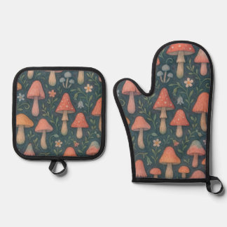 Ensemble De Gant De Cuisine Et De Manique Aquarelle Whimsical Motif de champignon
