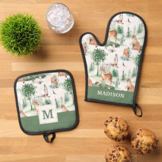 Ensemble De Gant De Cuisine Et De Manique Aquarelle Woodland Baby Motif animal