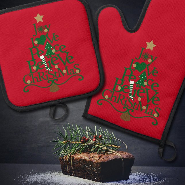 Ensemble De Gant De Cuisine Et De Manique Arbre à mots rouges Noël (This cute red potholder set is the perfect choice for your holiday baking and decor.)