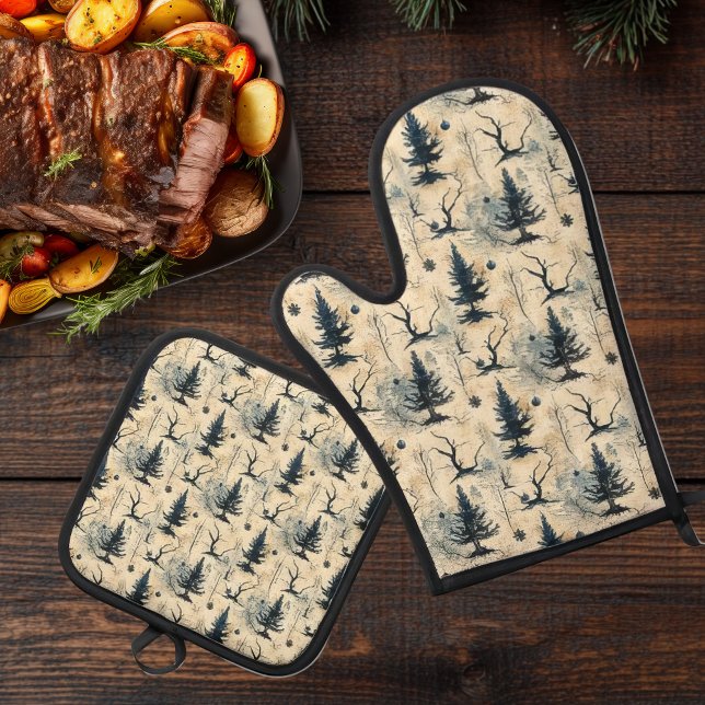 Ensemble De Gant De Cuisine Et De Manique Arbre de Noël éffrayant (winter forest 1)