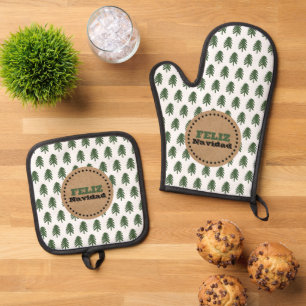Ensemble De Gant De Cuisine Et De Manique Arbre de Noël moderne Feliz Navidad