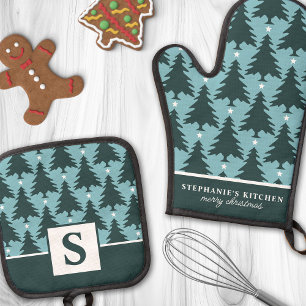 Ensemble De Gant De Cuisine Et De Manique Arbre de Noël personnalisé bleu vert monogramme
