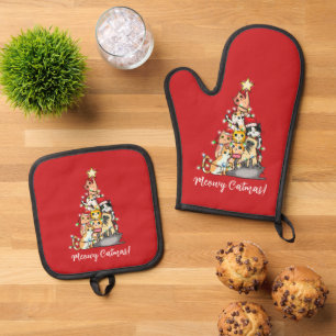 Ensemble De Gant De Cuisine Et De Manique Arbre de Noël Personnalisé Chats Fête de Chat Amus