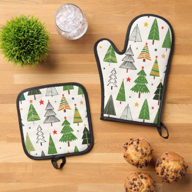 Ensemble De Gant De Cuisine Et De Manique Arbres rétro (De haut en bas)