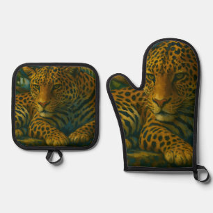 Ensemble De Gant De Cuisine Et De Manique Ardoise dorée - Leopard reposant en feuillage