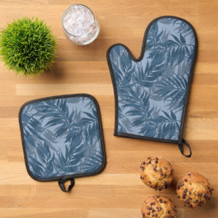 Ensemble De Gant De Cuisine Et De Manique Areca Palms Hawaiian Tropical Vintage Indigo