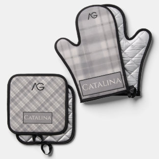 Ensemble De Gant De Cuisine Et De Manique Aria Grace Silver Frost Winter Motif à Carreaux No
