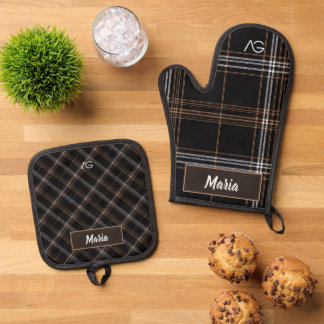 Ensemble De Gant De Cuisine Et De Manique Aria Grace Urbaine Grille Cuivre Motif Carreaux No