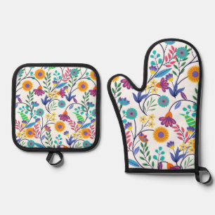 Ensemble De Gant De Cuisine Et De Manique Arrière - plan floral exotique coloré Motif-23145