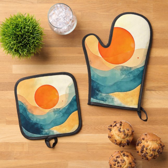 Ensemble De Gant De Cuisine Et De Manique Art Abstrait Sunset Waves (De haut en bas)