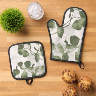 Ensemble De Gant De Cuisine Et De Manique Art botanique peintre vert olive sauge 02