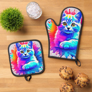 Ensemble De Gant De Cuisine Et De Manique Art Chat coloré