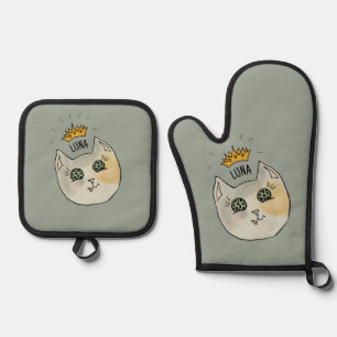 Ensemble De Gant De Cuisine Et De Manique Art de nom de chat personnalisé - Chat blanc dodu