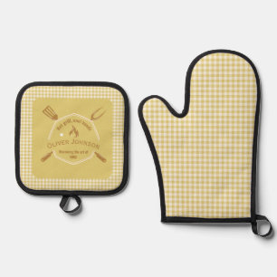 Ensemble De Gant De Cuisine Et De Manique Art Du Motif Plaid Jaune Doré BBQ
