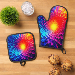 Ensemble De Gant De Cuisine Et De Manique Art énergétique vortex géométrique vibrant