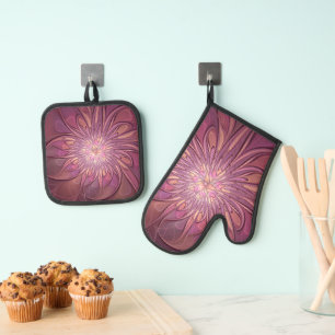 Ensemble De Gant De Cuisine Et De Manique Art floral fractal moderne abstrait Couleurs de ba
