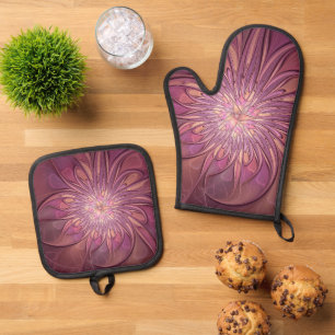 Ensemble De Gant De Cuisine Et De Manique Art floral fractal moderne abstrait couleurs de ba