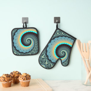 Ensemble De Gant De Cuisine Et De Manique Art fractal abstrait bleu turquoise orange Spirale