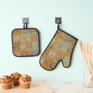 Ensemble De Gant De Cuisine Et De Manique Art Géométrique Coloré Antique Égyptien Graphique