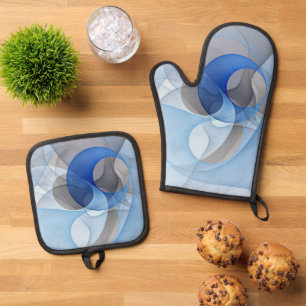 Ensemble De Gant De Cuisine Et De Manique Art graphique fractal abstrait bleu gris moderne