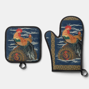 Ensemble De Gant De Cuisine Et De Manique Art japonais vintage représentant un coq dragon