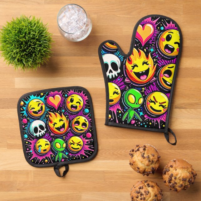 Ensemble De Gant De Cuisine Et De Manique Art pop Emoji vibrant (De haut en bas)