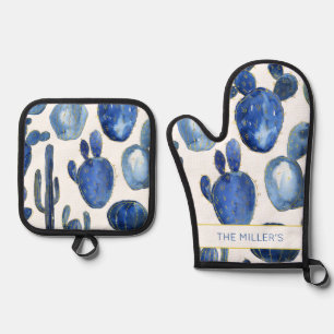 Ensemble De Gant De Cuisine Et De Manique Artisan Blue Gold Cactus Desert NAME Aquarelles