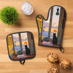 Ensemble De Gant De Cuisine Et De Manique Assis Chat noir Vintage