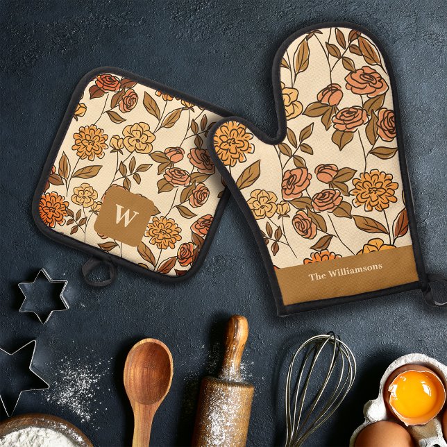 Ensemble De Gant De Cuisine Et De Manique Automne Fleurs exotiques Personnaliser Monogramme (Créateur téléchargé)