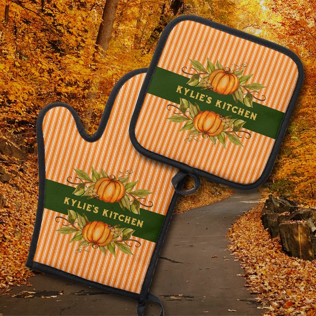 Ensemble De Gant De Cuisine Et De Manique Automne Thanksgiving Citrouille Orange strié (Personalized seasonal pot holder set perfect  for fall, Halloween, and Thanksgiving!)