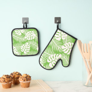 Ensemble De Gant De Cuisine Et De Manique automne tropical, motifs de feuilles d'été