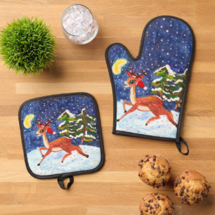 Ensemble De Gant De Cuisine Et De Manique Baby Deer in Santa Hat