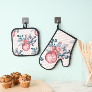 Ensemble De Gant De Cuisine Et De Manique Balle de Noël rose