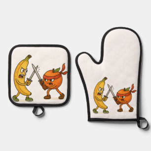 Ensemble De Gant De Cuisine Et De Manique Banana vs Ninja Orange - Bataille épique de fruits