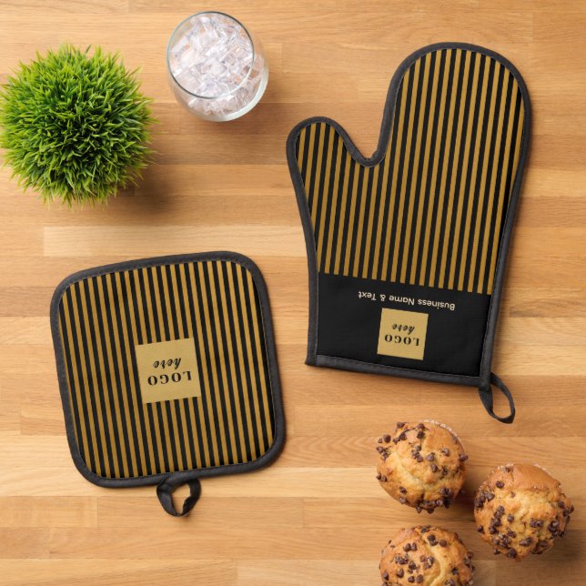 Ensemble De Gant De Cuisine Et De Manique Bande Black & Gold personnalisée (De haut en bas)