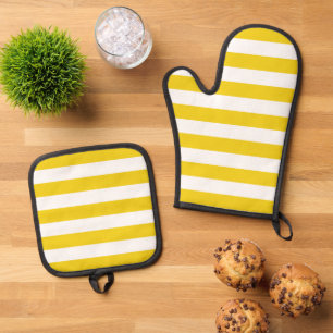 Ensemble De Gant De Cuisine Et De Manique Bandes Jaunes, Blancs, Motif rayé