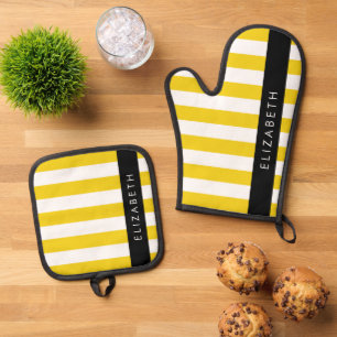 Ensemble De Gant De Cuisine Et De Manique Bandes Jaunes, Motif Gratté, Lignes, Votre Nom
