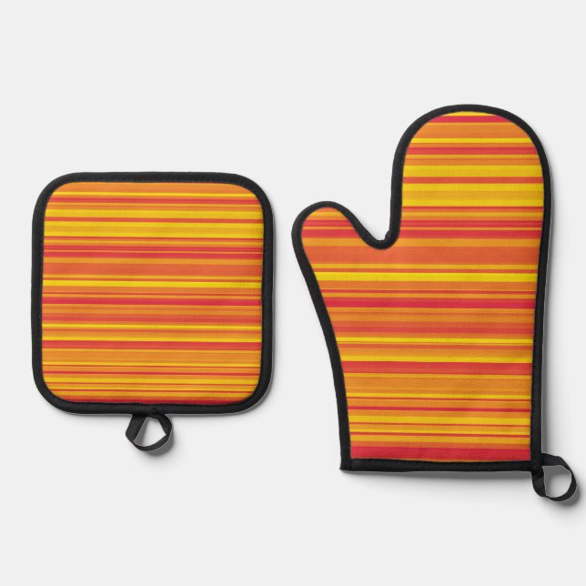 Ensemble De Gant De Cuisine Et De Manique Bandes Orange Rouge Jaune (Recto)