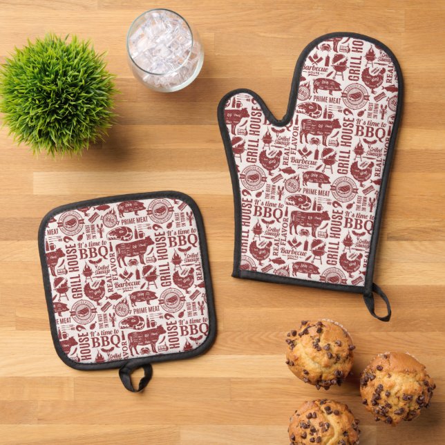 Ensemble De Gant De Cuisine Et De Manique Barbecue Time Prime Meat Pattern Graphic  (De haut en bas)