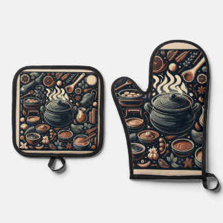 Ensemble De Gant De Cuisine Et De Manique Barres d'Argent Cilé Protection Chaleur Four Mitt