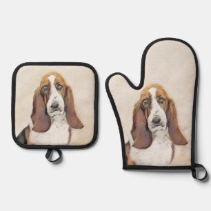 Ensemble De Gant De Cuisine Et De Manique Basset Hound Peinture Tri Tri-color Cute Dog Art