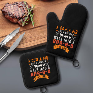 Ensemble De Gant De Cuisine Et De Manique BBQ amusant Une vache Un porc et un poulet Grillan