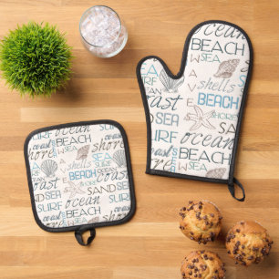 Ensemble De Gant De Cuisine Et De Manique Beach Shops Sea Sand Blue